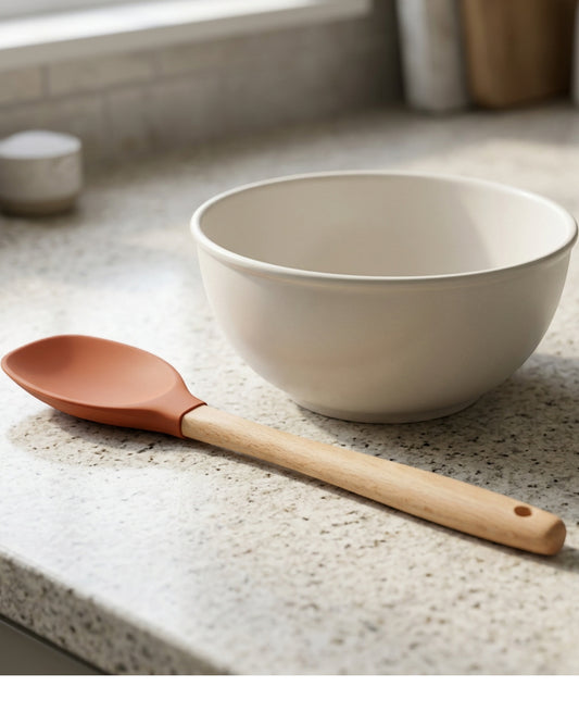 Oracas Alderblend Wood-Handle Silicone Spoonula 12.2 in Terracotta - Lifestyle view