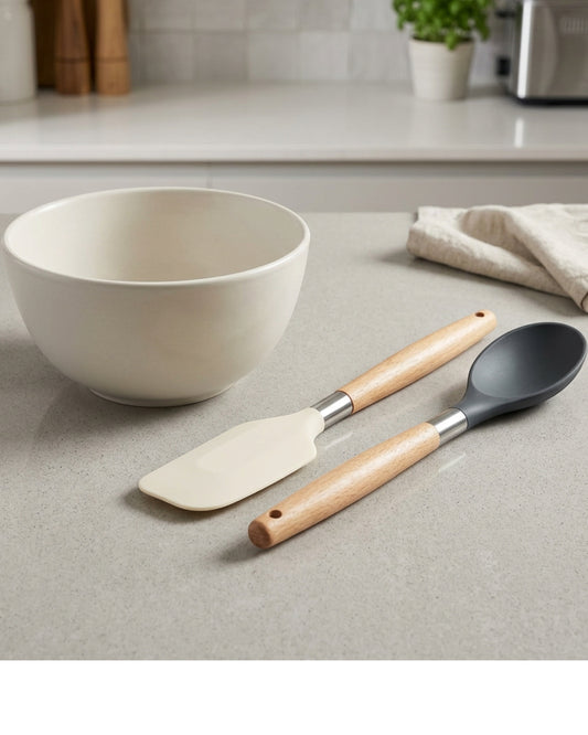Oracas Edgepour Wood-Handle Silicone Spatula Spoon Set Cream Charcoal 2 Piece - Lifestyle view