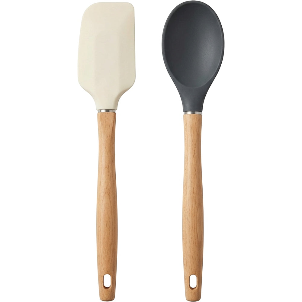 Oracas Edgepour Wood-Handle Silicone Spatula Spoon Set Cream Charcoal 2 Piece - Product view