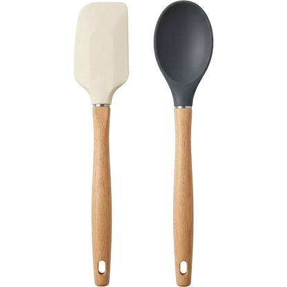 Oracas Edgepour Wood-Handle Silicone Spatula Spoon Set Cream Charcoal 2 Piece - Product view