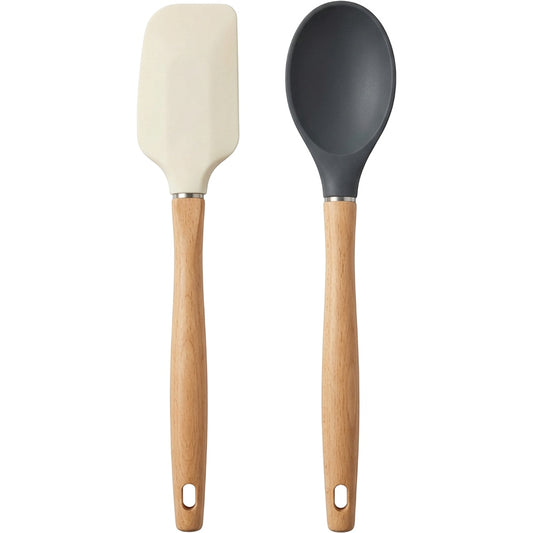 Oracas Edgepour Wood-Handle Silicone Spatula Spoon Set Cream Charcoal 2 Piece - Product view