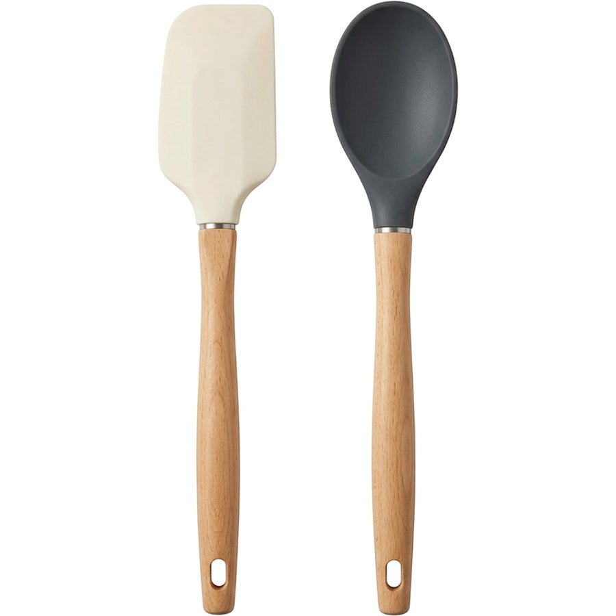 Oracas Edgepour Wood-Handle Silicone Spatula Spoon Set Cream Charcoal 2 Piece