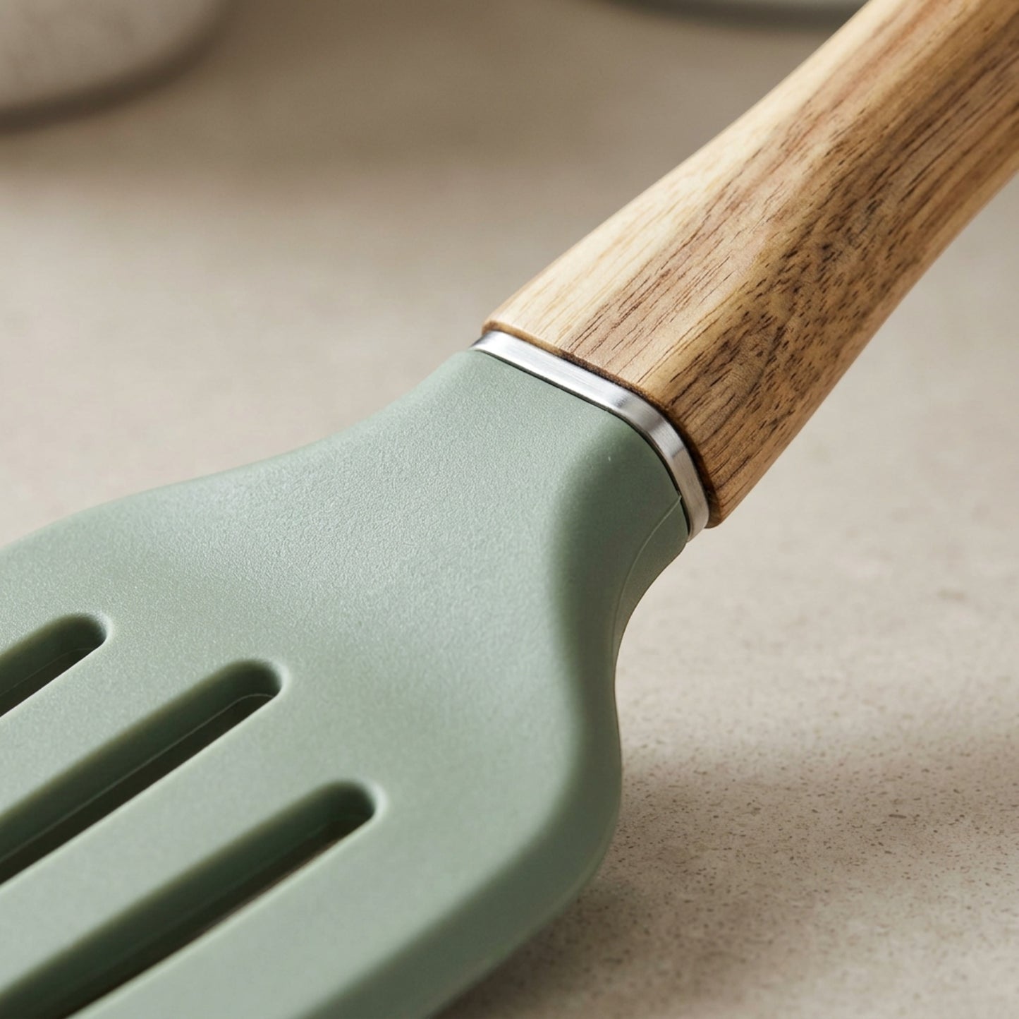 Oracas Slotleaf Wood-Handle Silicone Slotted Turner 13 in Sage - Detail view