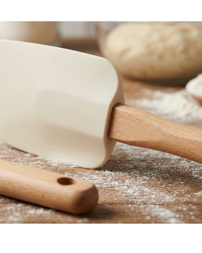 Oracas Wood Handle Silicone Spoonula Set Cream 2 Piece