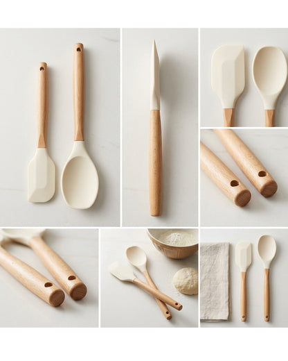 Oracas Wood Handle Silicone Spoonula Set Cream 2 Piece